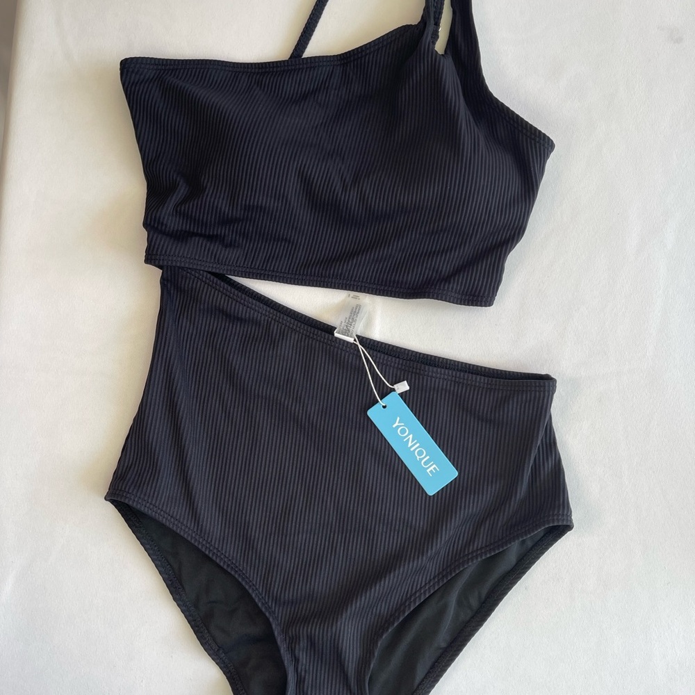 Yonique Black Ribbed Bikini Set